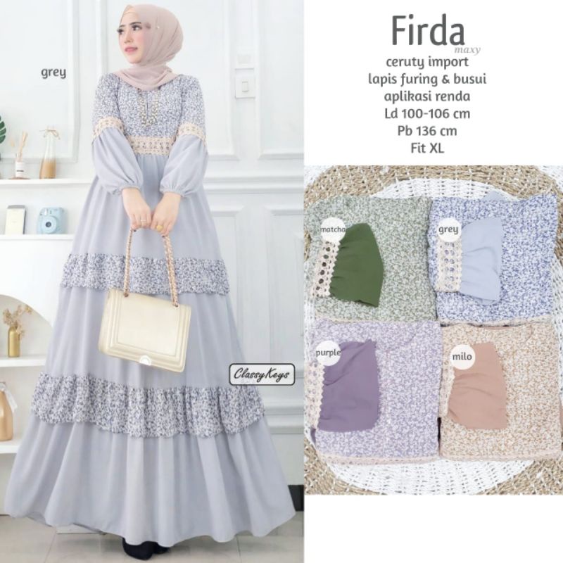 Gamis Mewah Recomended Seller Bahan Ceruty Lapis Furing.Gamis Firda Terbaru Motif Bunga-Bunga Kecil 