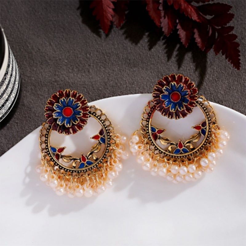 Anting Tusuk Gantung Wanita Desain Bunga Aster Enamel + Mutiara Gaya Indian / Bohemian Handmade Untuk Pesta