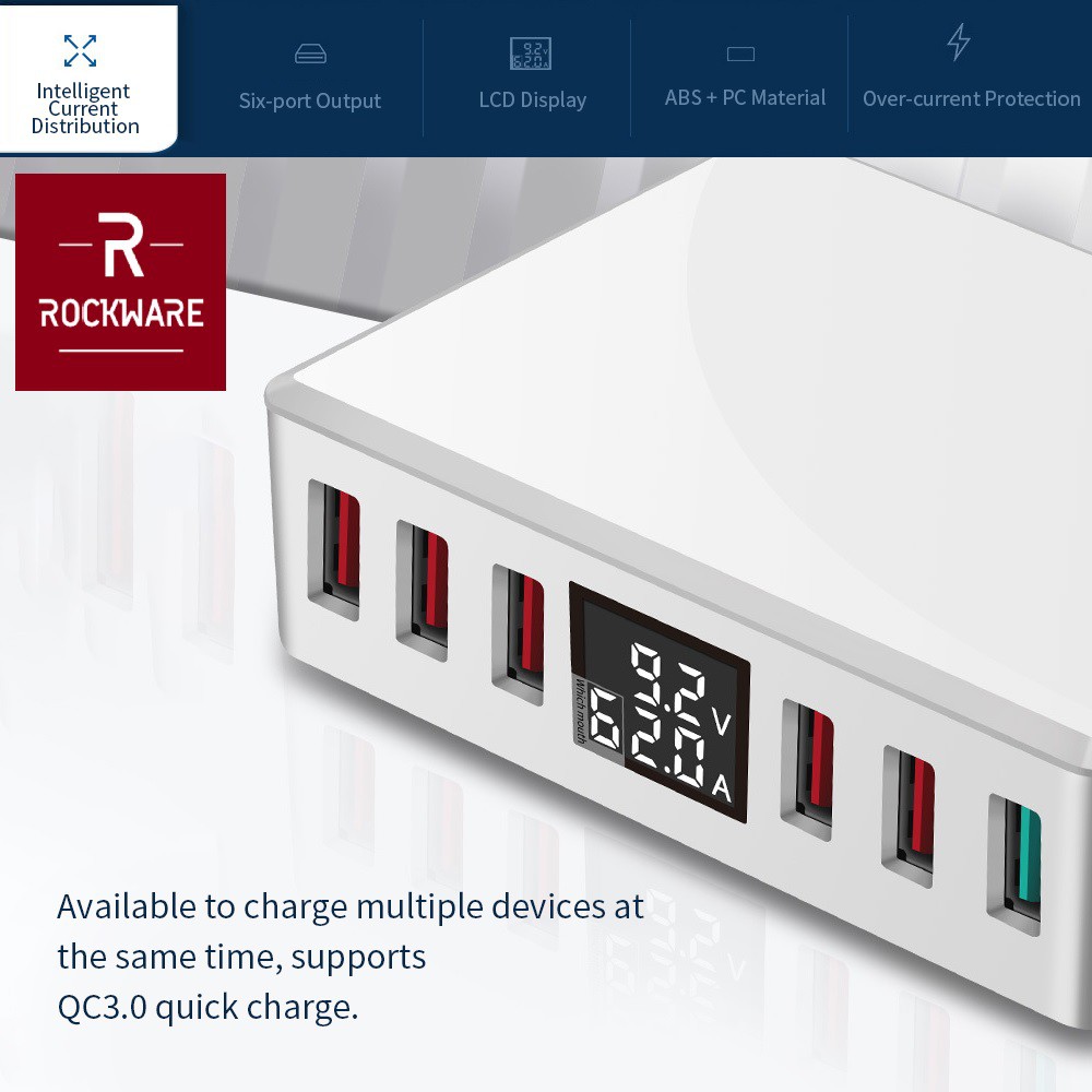 ROCKWARE WLX-T9 Plus - Intelligent 6 USB Charger LED Display - 40W (Charger Multiport Universal)