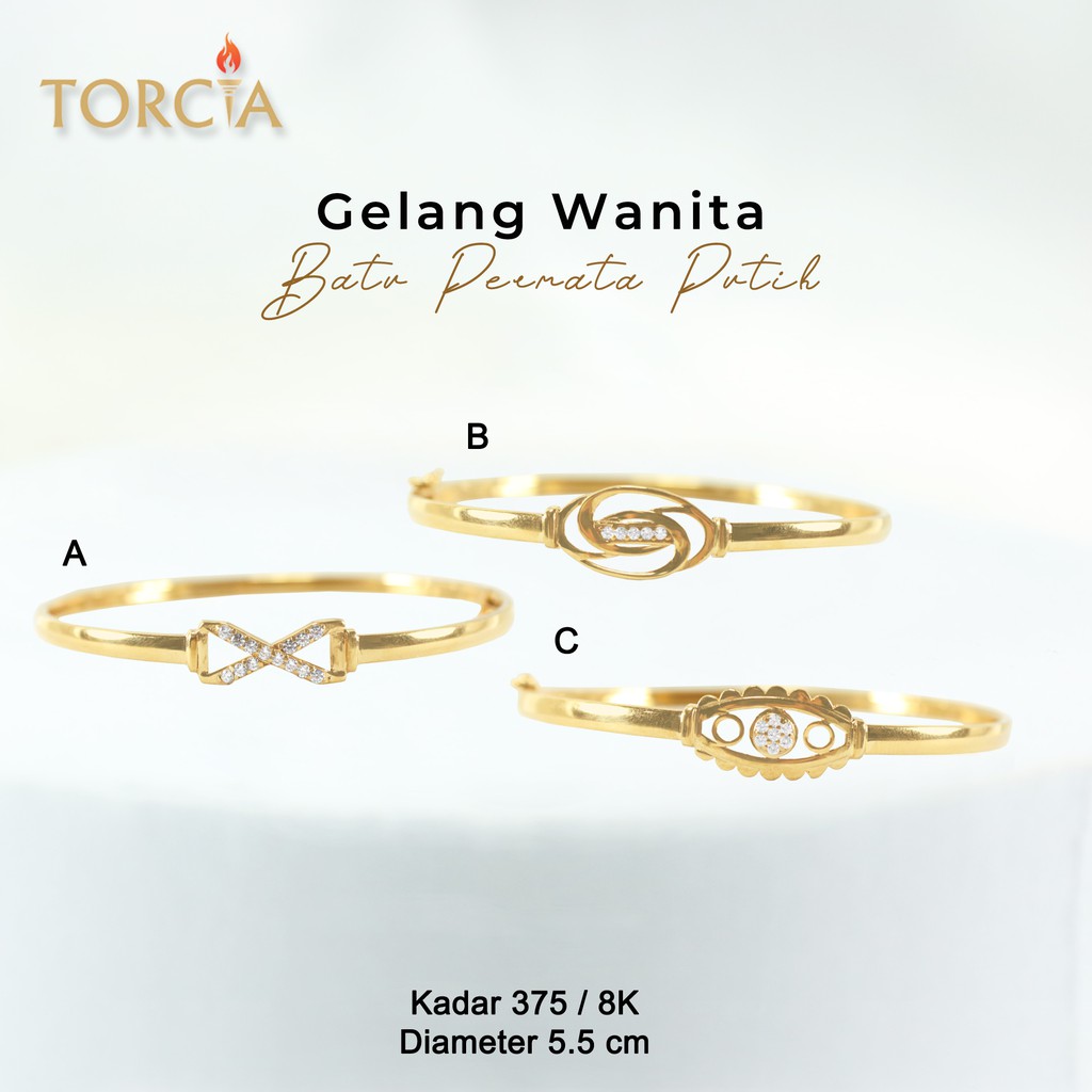 Gelang Bulat Wanita Emas Asli Batu Permata Putih Kadar 375 Torcia