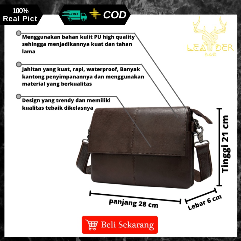 Tas Selempang Kulit Pria Kerja Original Model Terbaru Warna Hitam Dan Coklat Waterproof | Tas Slingbag Messenger Kulit Cowok Ori Distro Keren Anti Air TANGO B51