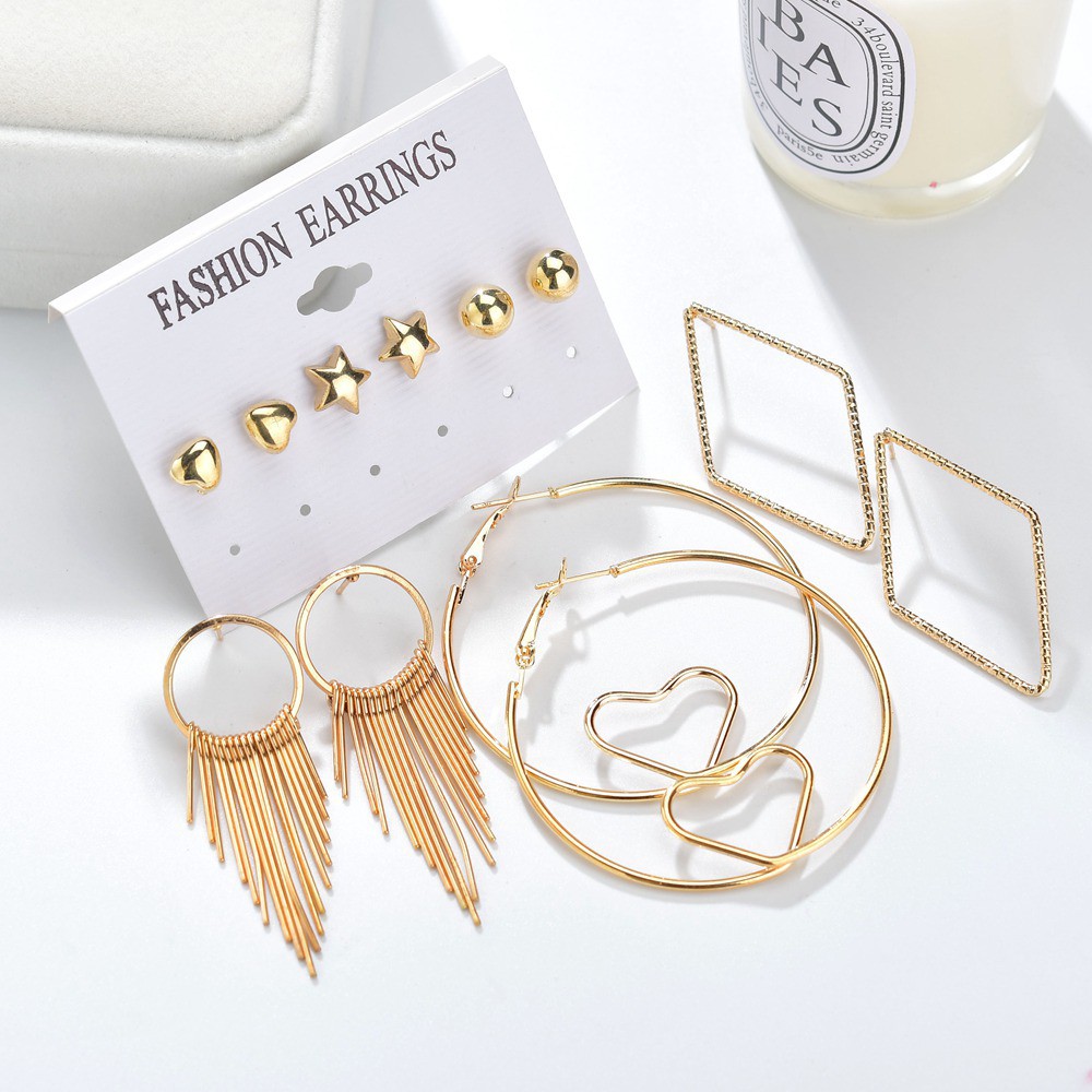 Anting Set Korea 6 Pasang Anting Tusuk Hoops dan Rumbai Dalika