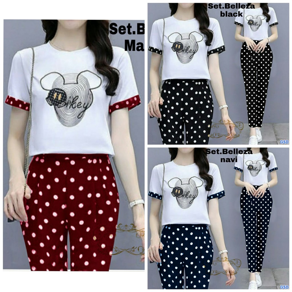 Set Belleza/setelan polkadot wanita/set wanita/setelan celana panjang/setelan blus wanita