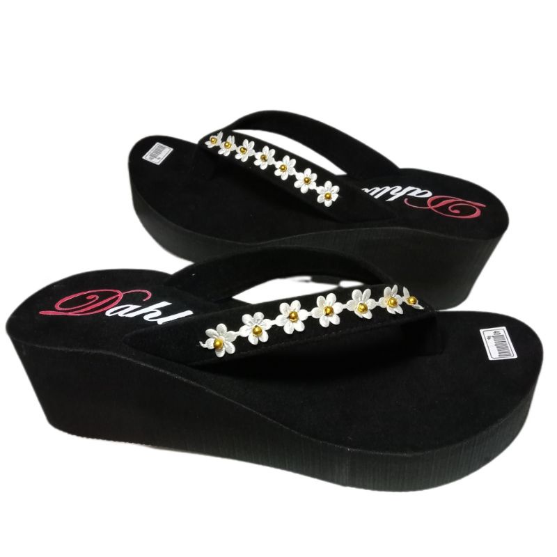 Sandal wedges wanita jepit renda bunga mute manik manik