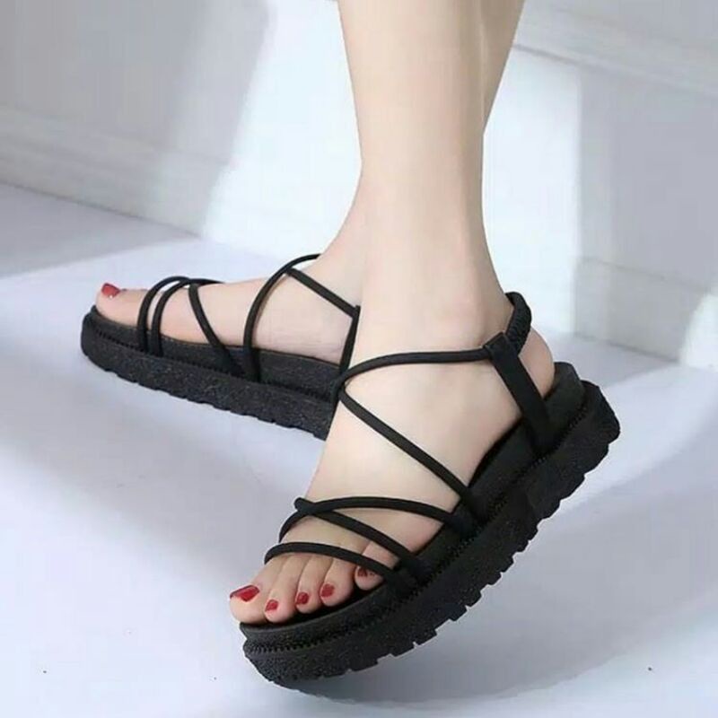 ✨Promo!!!⚡Sandal Gladiator Wanita Terbaru Karet Jelly Ballance 1990 || COD Sendal Tali✨-Hitam