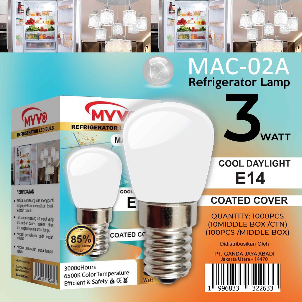 MAC-01 E12 Myvo Lampu Led Bohlam Kulkas E12 3W Cd Putih Dimensi T6cm x D2,5cm