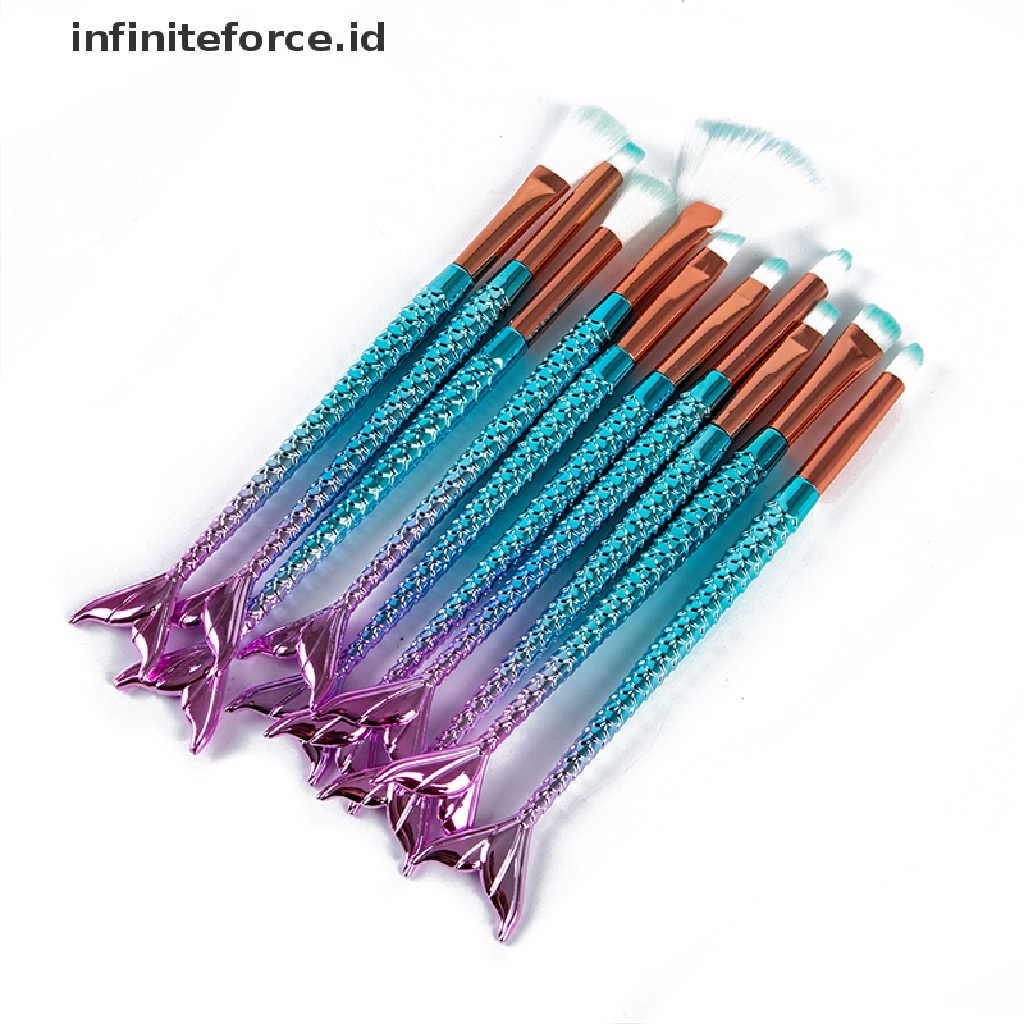 Infiniteforce.id 10pcs / Set Brush Foundation / Alis / Eyeliner Bentuk Mermaid Untuk Makeup / Kosmetik Wanita