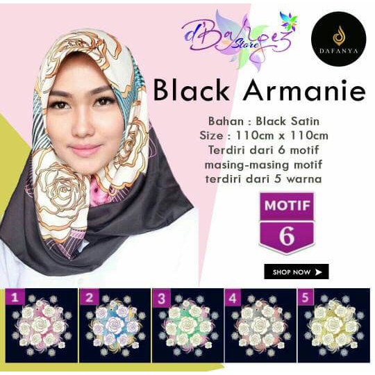 HIJAB SEGIEMPAT BLACK ARMANIE SATIN MOTIF 6 BY DAFANYA - JILBAB MURAH