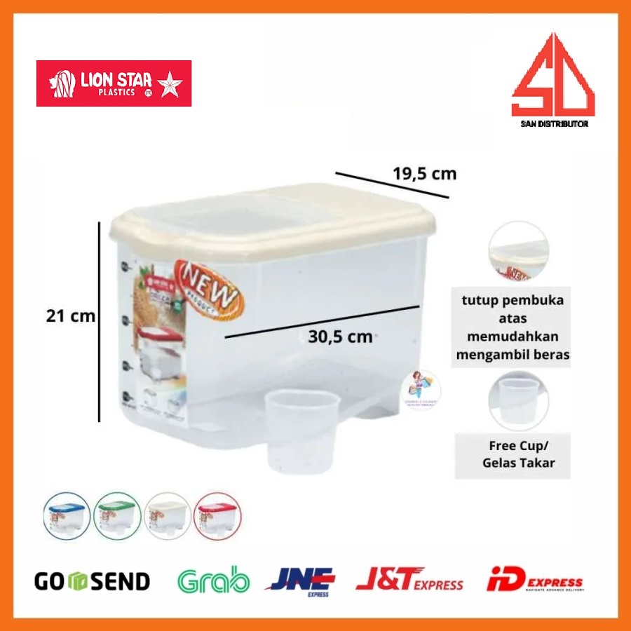 Tempat Beras Oriza Rice Box 6,5 kg RB-16 , 12,5 kg RB-17 merk Lion Star kotak beras + gelas takar