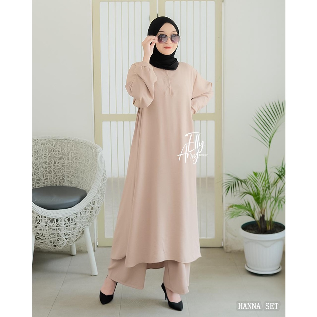 Setelan kerja tunik celana hanna hawa alia one set crinkle malay super flowly busana kerja muslimah terbaru hangout komunitas homedress nyaman setelan celana kerja baju wanita muslim air flow crinkle