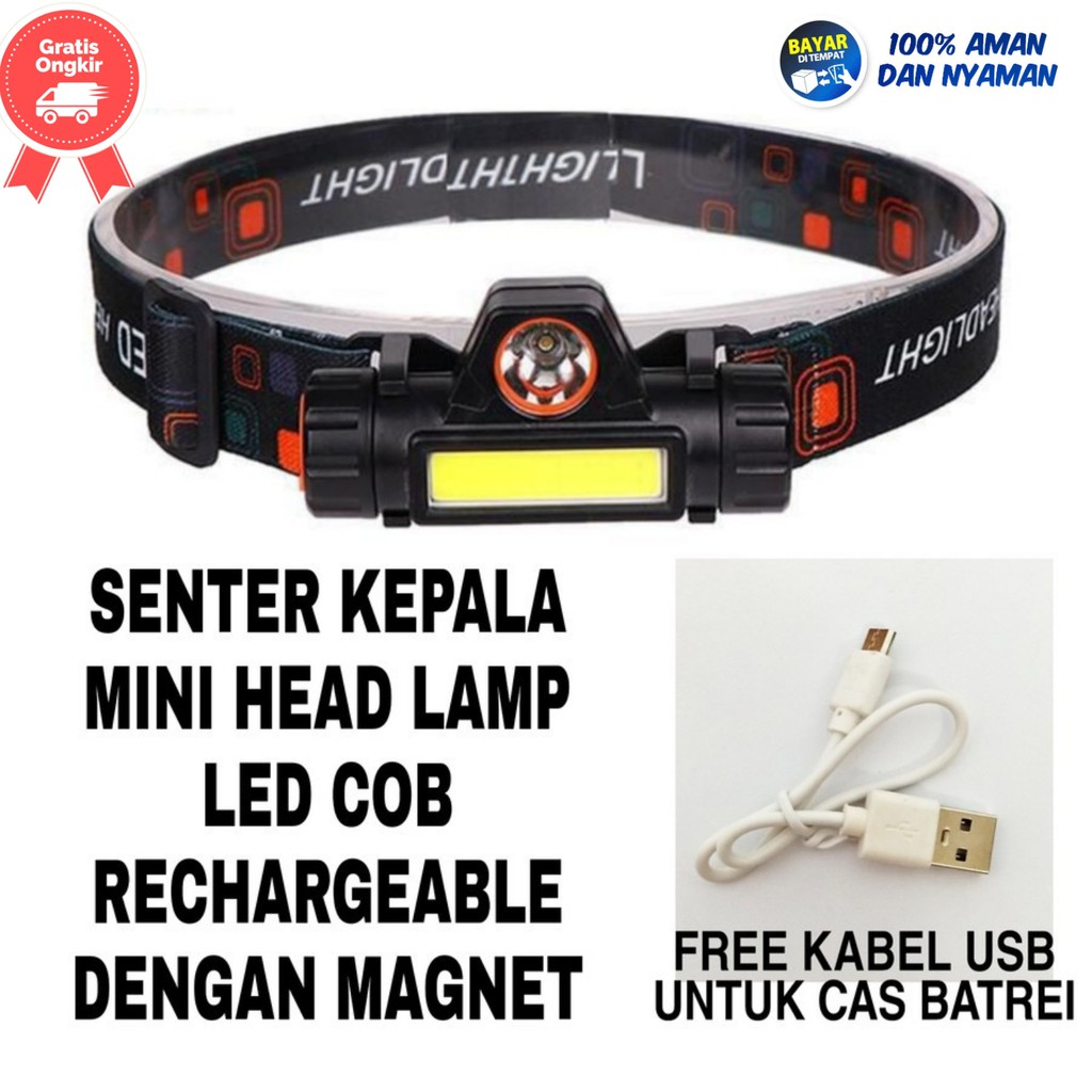 SENTER KEPALA MINI HEAD LAMP LED COB RECHARGEABLE PLUS MAGNET KUALITAS PREMIUM