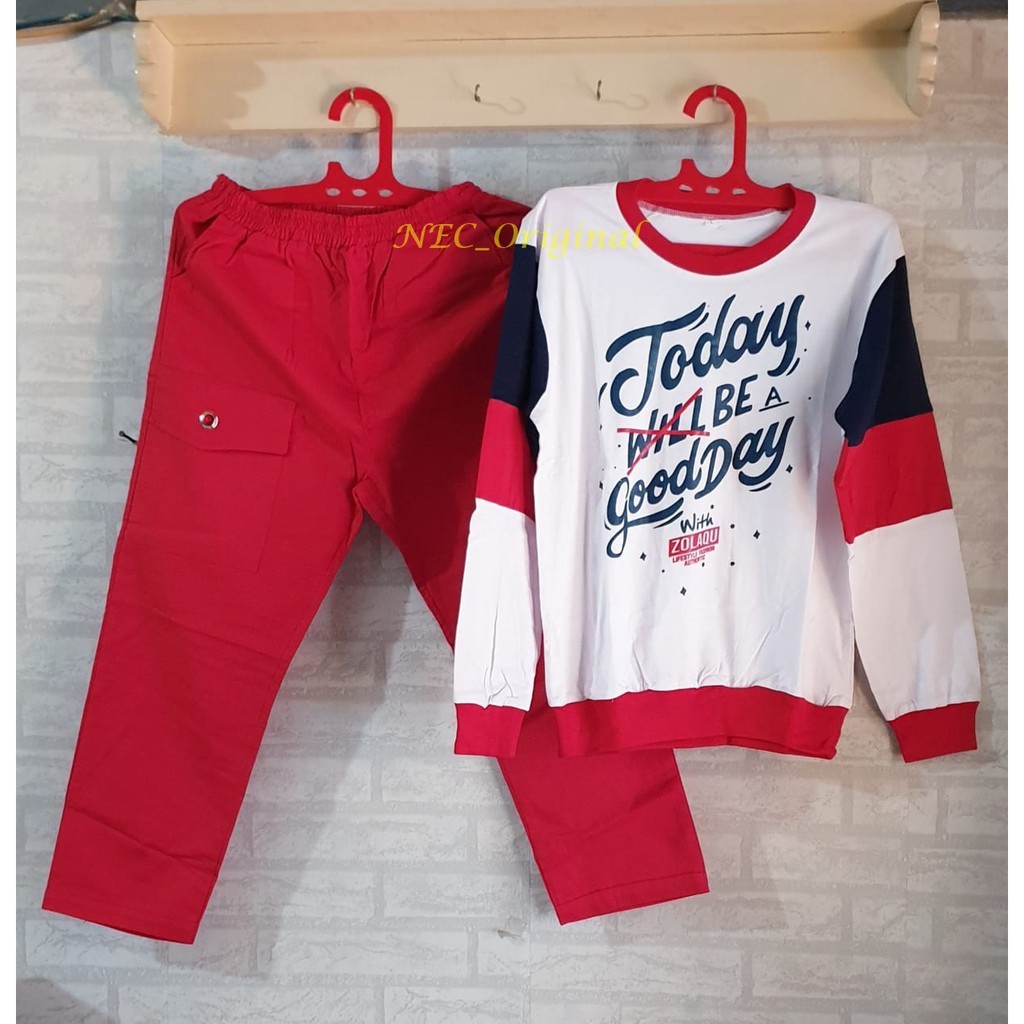 Set Kaos Zolaqu Today Putih Merah Biru Celana Baggy Cargo Ring Merah Setelan Wanita