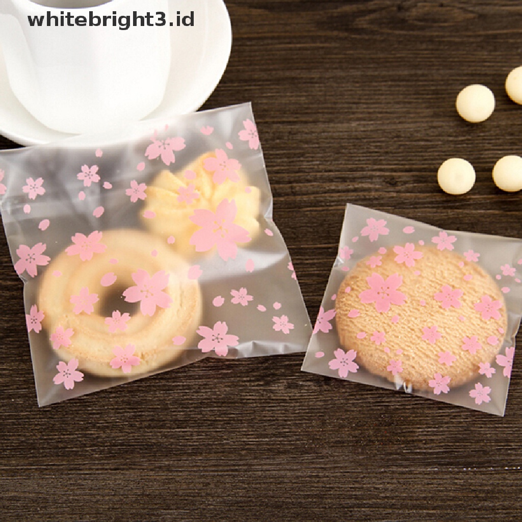 (whitebright3.id) 100pcs / Lot Kantong Permen / Kue Kering Motif Bunga Sakura Pink Dengan Perekat