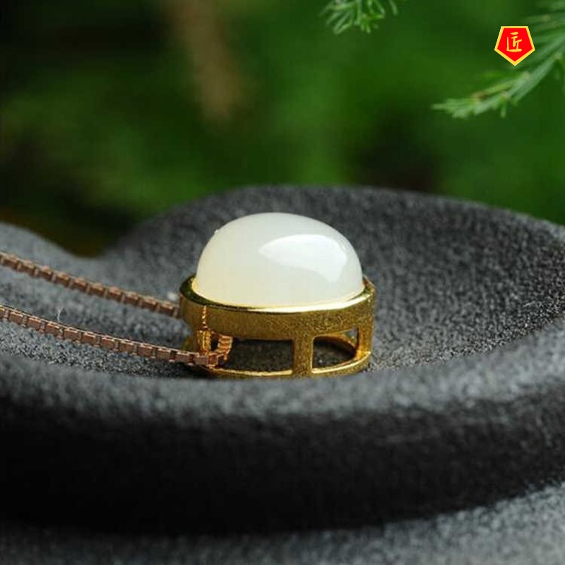 [Ready Stock]Hetian Jade Necklace Female 18K Gold Pendant Korean Style Temperament