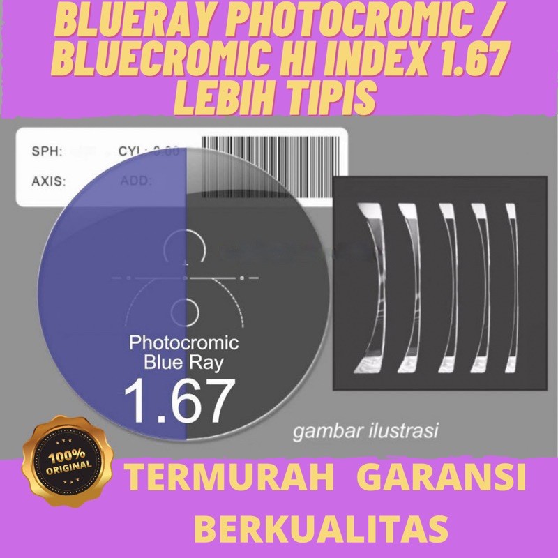 Lensa Kacamata Blueray Photocromic / Bluecromic HI Index 1.67 Lebih Tipis