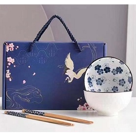 Mangkok Set Premium Bahan Keramik Style korea Hampers Souvenir Peralatan Makan Plus Sumpit Kayu (Gar