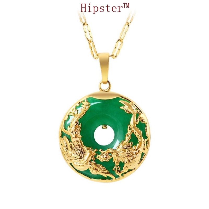 Vintage Classic Auspicious Luxury Dragon and Phoenix Shape Emerald Gold Pendant Necklace