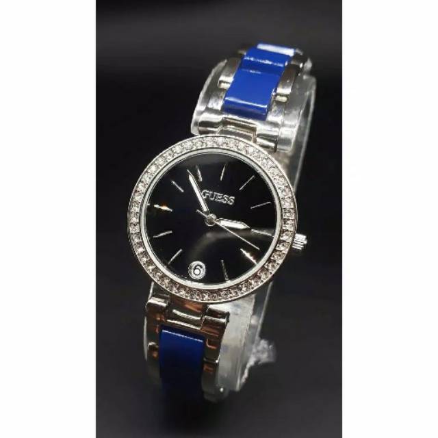 JAM TANGAN WANITA GUESS FASHION SILVER KOMBINASI KERAMIK BIRU PLATE HITAM