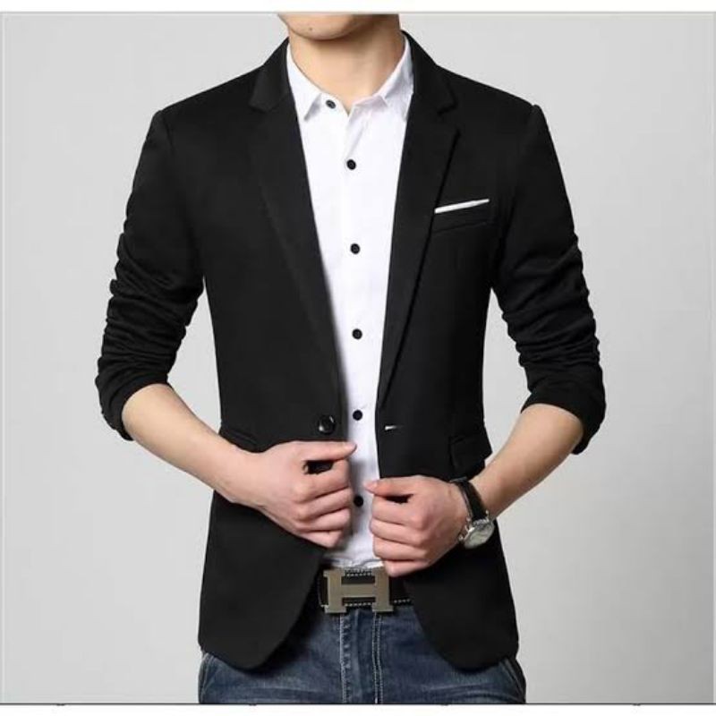 JAS BLAZER PRIA LIST PUTIH BAHAN JETBLACK SLIM FIT