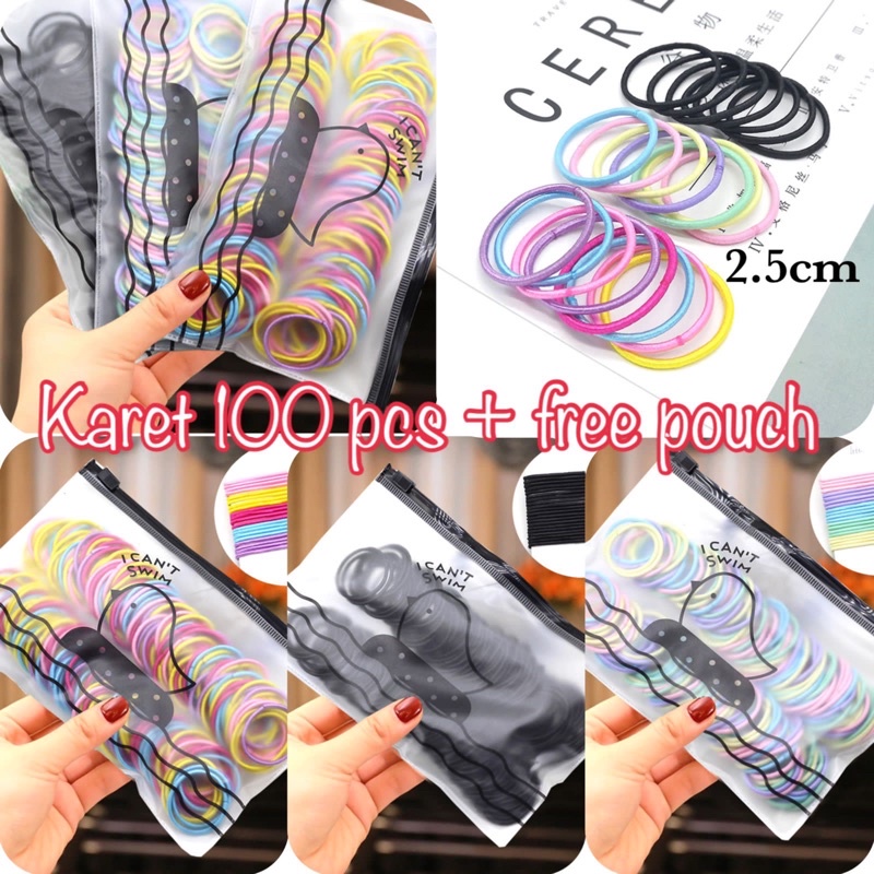 karet gelang ikat rambut isi 100 pcs + free pouch karet jepang