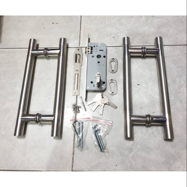Paket handle pintu baut tembus 33cm stainless 2set + body pelor