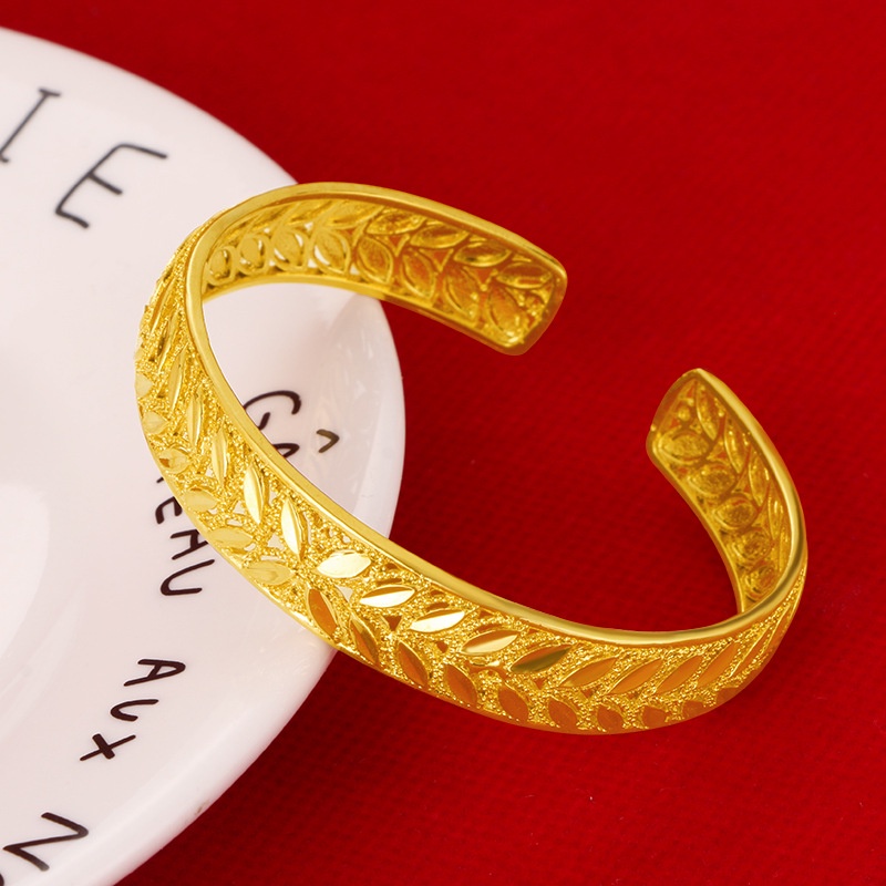 Gelang Model Terbuka Adjustable Desain Daun Gandum 24K Gaya Minimalis Untuk Wanita