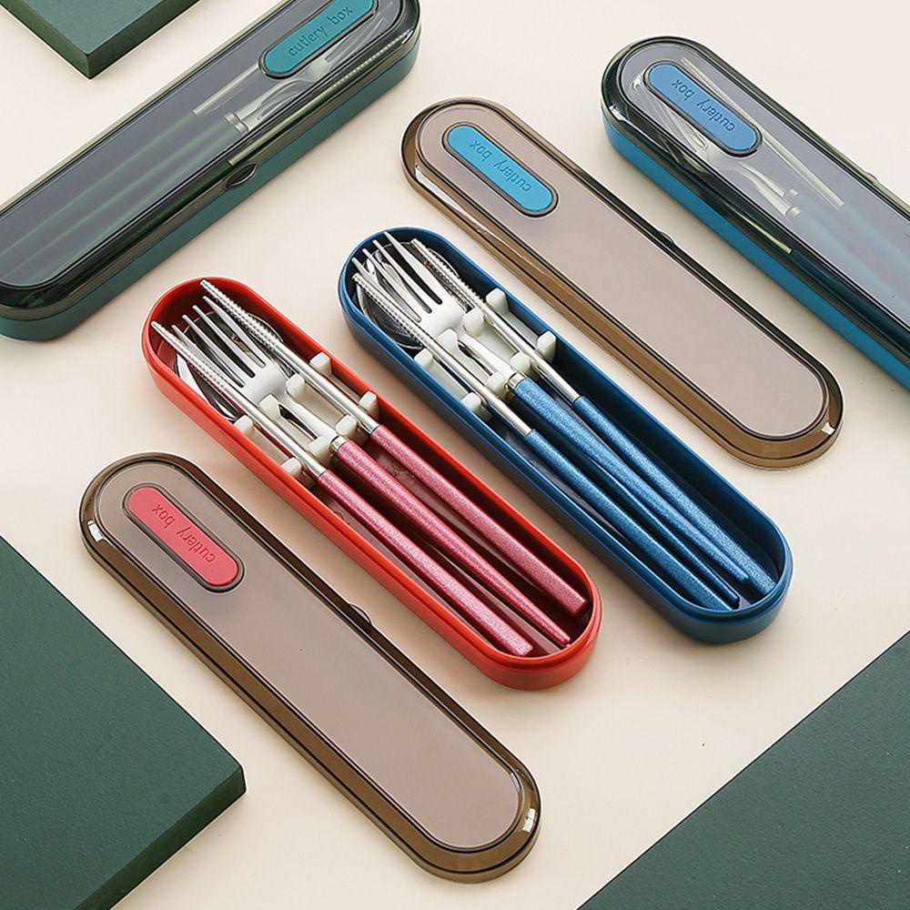 Solighter 3PCS/Set Sendok Garpu Sumpit Set Travel Alat Makan Camping Dengan Box Holder Cutlery Set