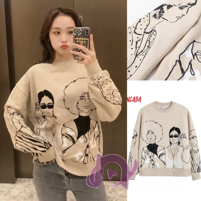 GIRL RETRO NUDE OVERSIZE CREWNECK SWEATER BAHAN FLEECE