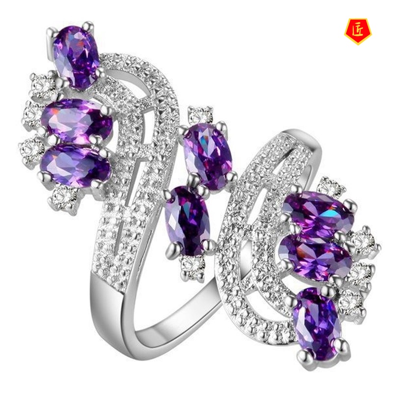 [Ready Stock]925 Silver Red Diamonds Purple Colored Gems Flower Ring