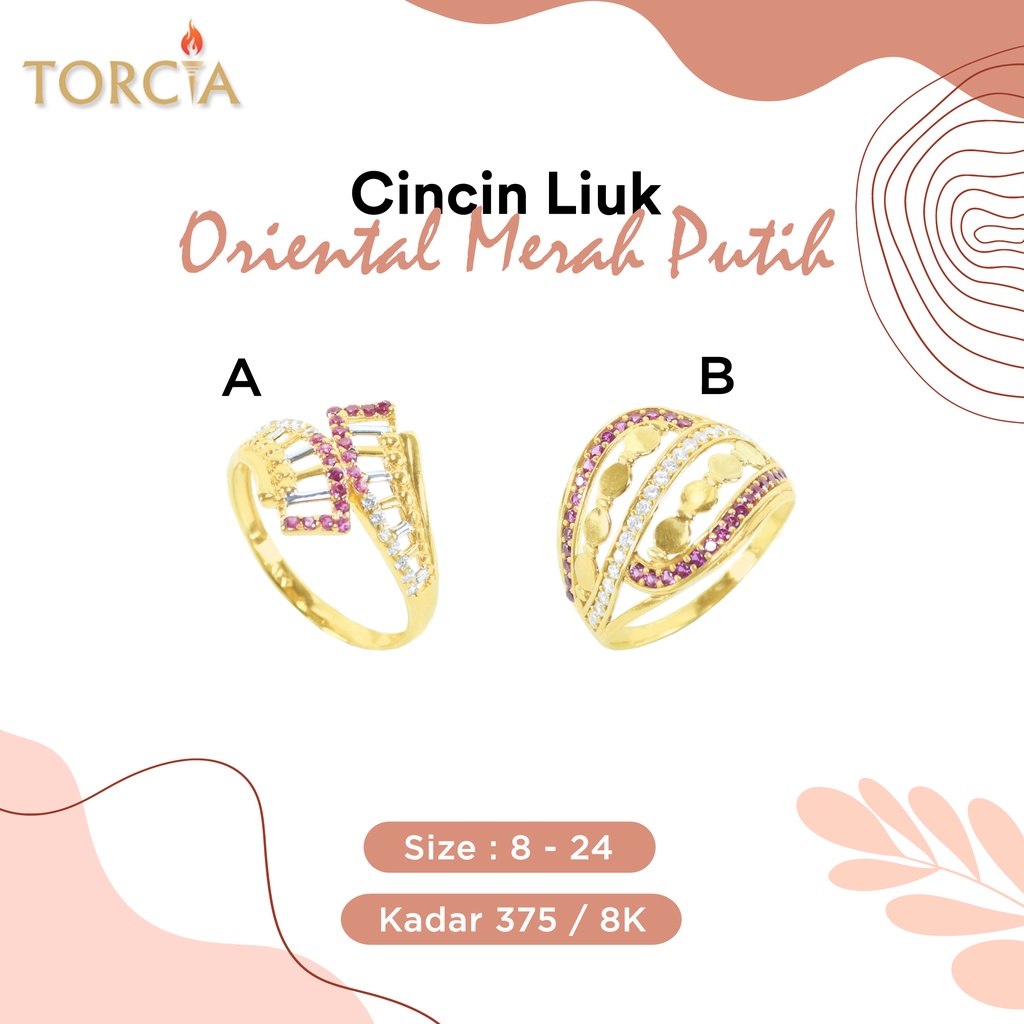 Cincin Emas Asli Liuk Oriental Merah Putih Kadar 375 Torcia