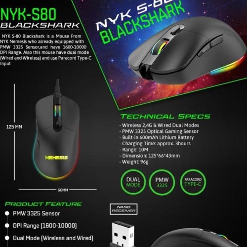 NYK S-80|S80 BLACKSHARK Mouse GAMING Wireless Led RGB DPI 200 - 10000