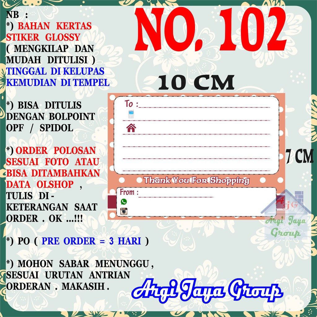 

Stiker Pengiriman - Sticker Alamat Olshop Murah Nomer 102 - 10x7 cm - Glossy