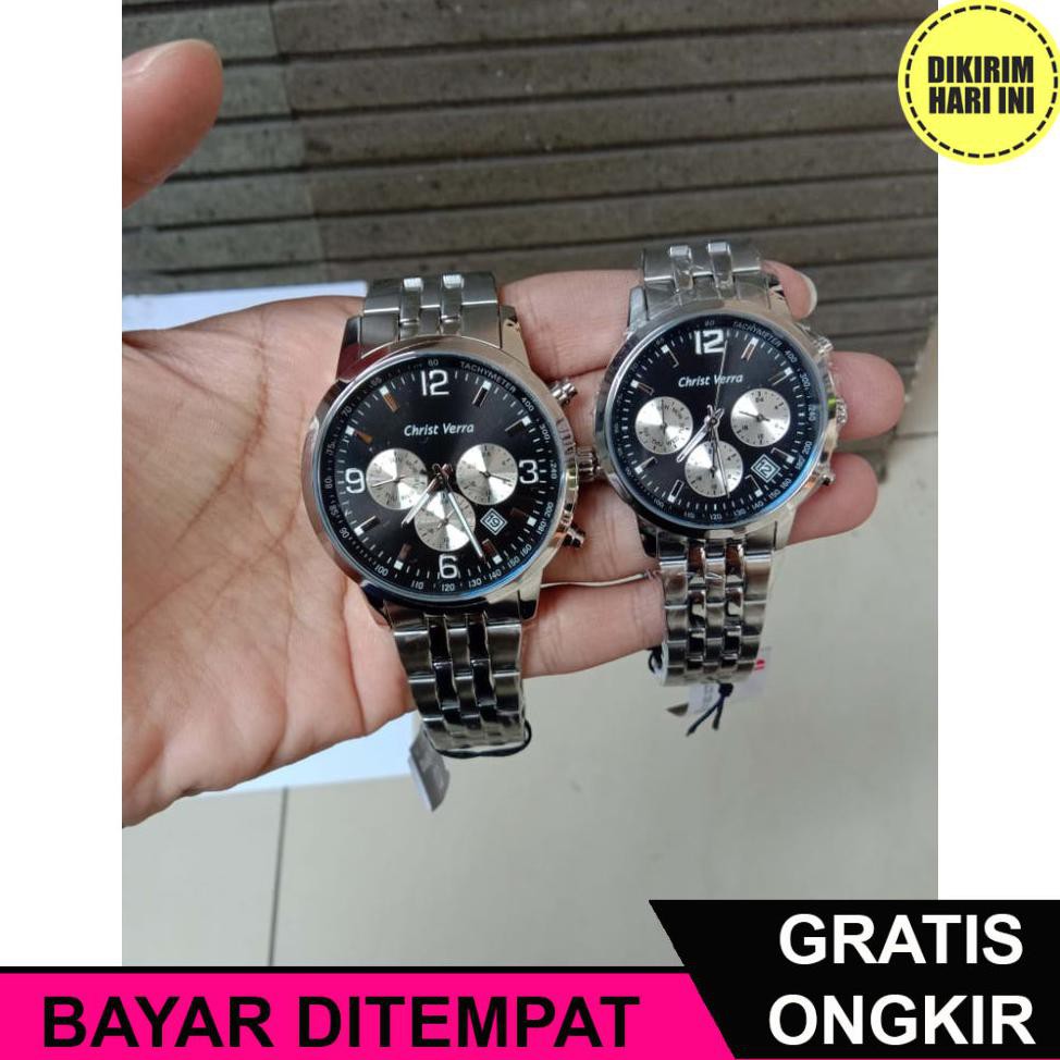 (BAYAR DITEMPAT) OE4506 JAM TANGAN CHRIST VERRA CV75018-11 COUPLE SILVER BLACK ORIGINAL