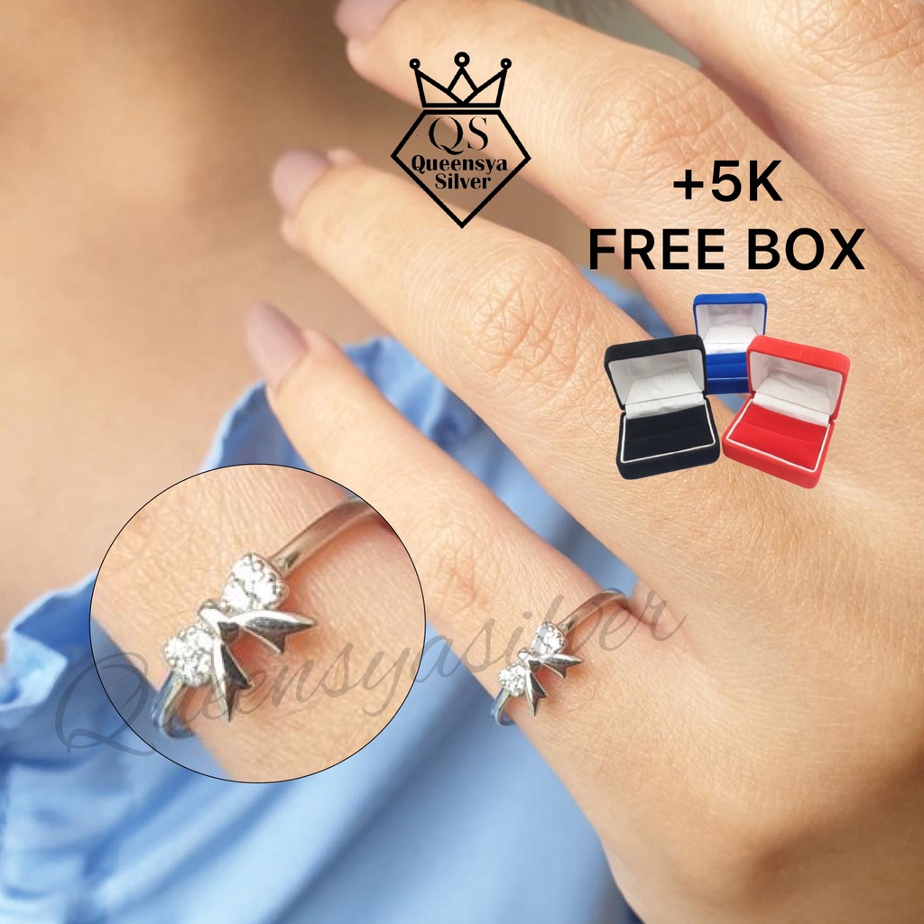 Cincin Perak Asli Silver 925 || Lapis Emas Putih Model Pita Permata Batu Putih || Perhiasan Perak Wanita Ukuran Jari Kecil