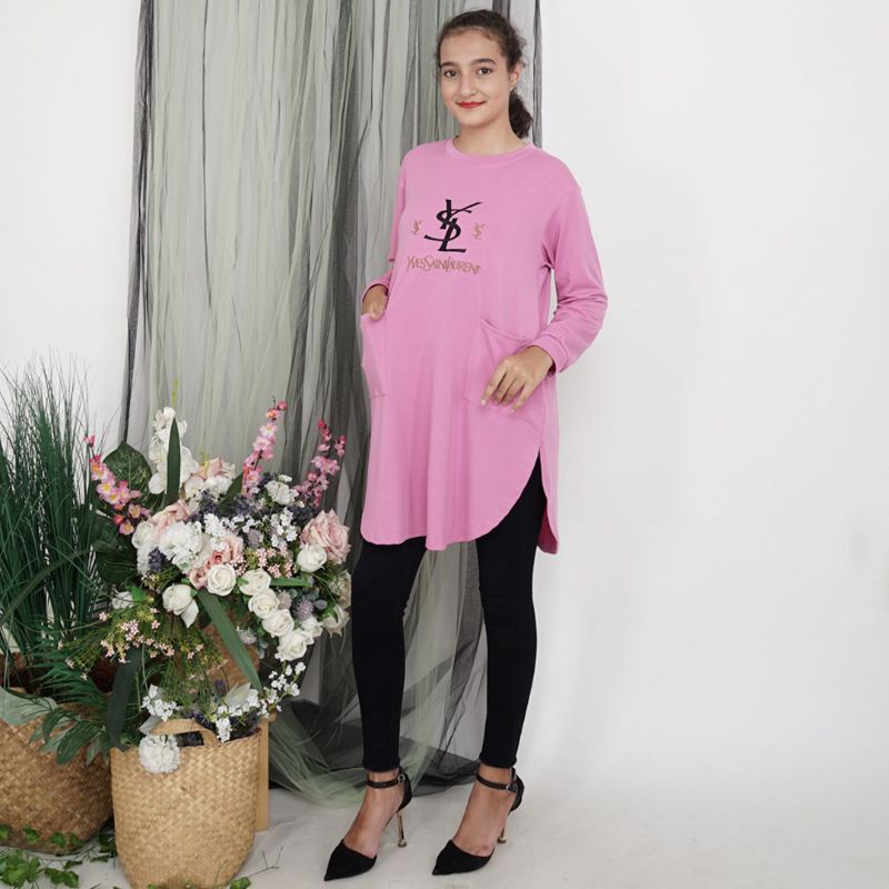 Kaos Tunik Wanita Pink Tangan Panjang