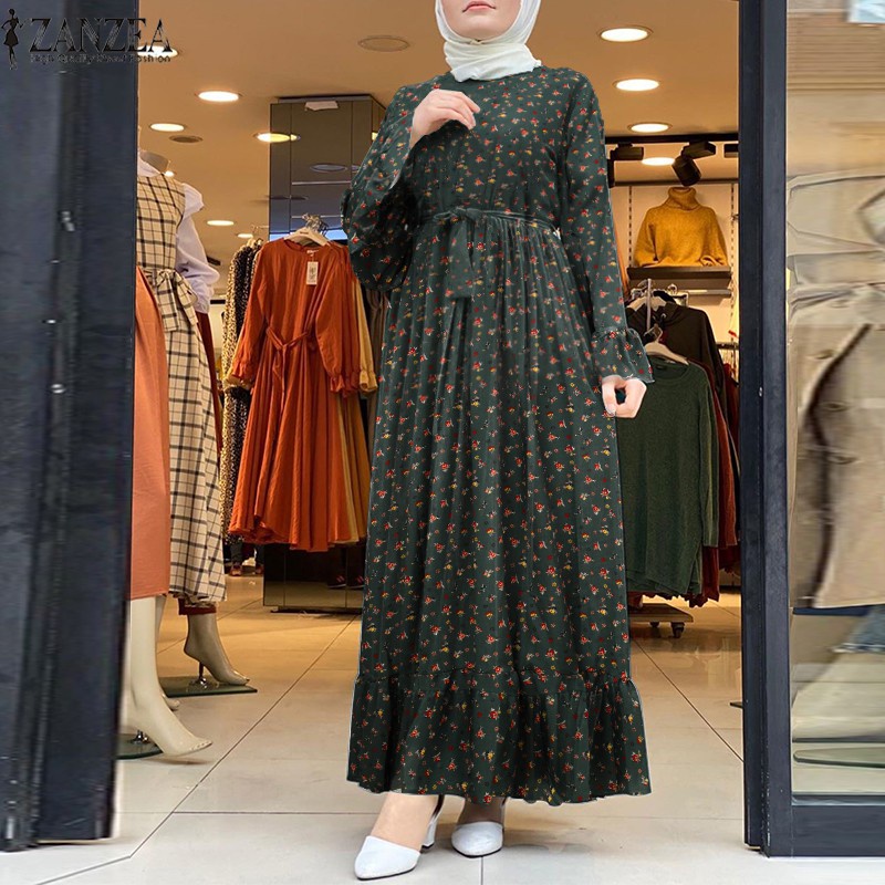 ZANZEA Women Casual Long Sleeve Floral Printing Muslim Long Dress