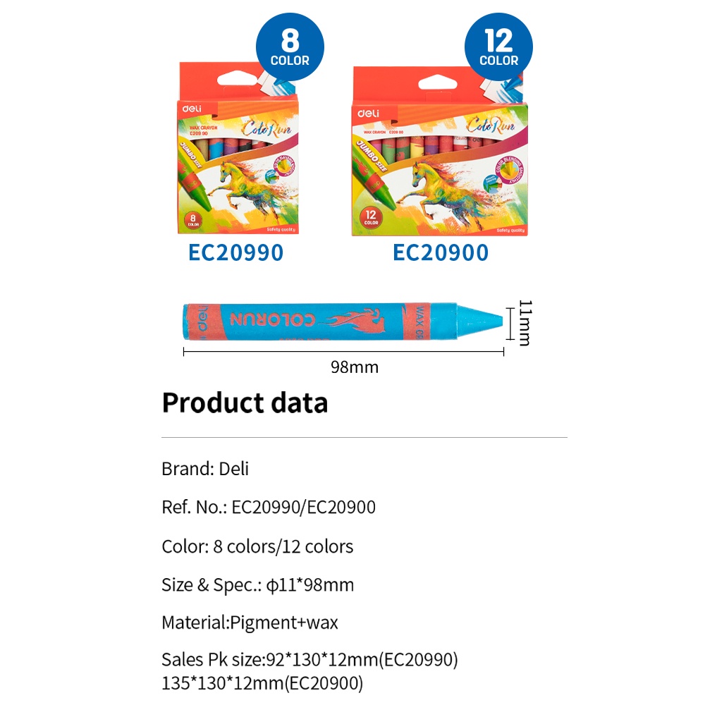 Deli Crayon Krayon Lilin 12 Warna Reguler/Jumbo Label Melingkar, Tangan Anti Kotor EC20800 EC20900