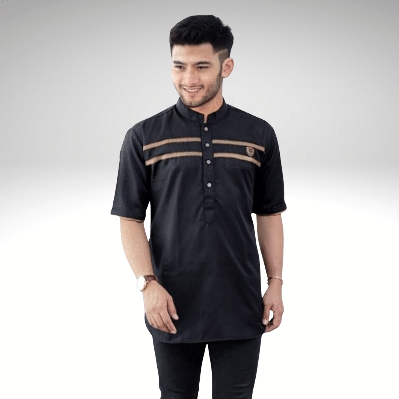 Baju Koko Kurta Dewasa Lengan Pendek Material Catton Adem Serap Keringat-Hitam