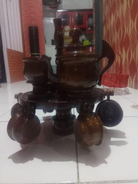 (bisa Cod) Satu Set Teko Gelas Dan Cangkir Model Gantung Bahan Kayu Jati - Dekorasi Hiasan Meja Tamu