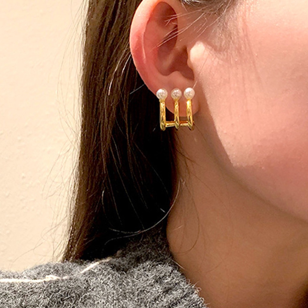 Hu Hu Hu Hu Hu Alat Bantu Pasang Kacamata♡ 1 Pasang Anting Stud Tiga Lapis Aksen Mutiara Imitasi Warna Kontras Untuk Wanita