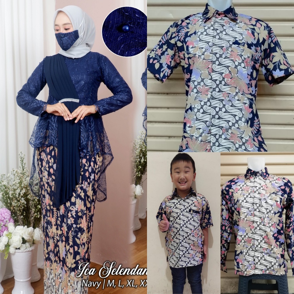 Setelan Kebaya Couple Keluarga Navy / Kebaya Selendang / Kemeja Batik Pria / Kemeja Anak