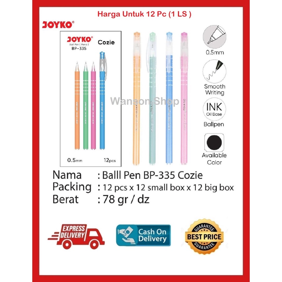 

BALLPEN PEN PULPEN JOYKO BP-335 COZIE HITAM 0,5MM GROSIR (12 PCS )
