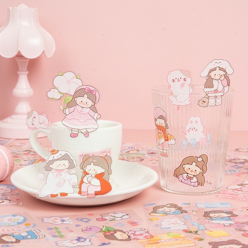 

1lembar sticker vinyl kisscut gaya korea motifchilling girl 2 two girls good friends tea time murah stiker scrapbook DIY serbaguna botol minum catatan gelas kawaii cute lucu ucul pastel estetik aesthetic
