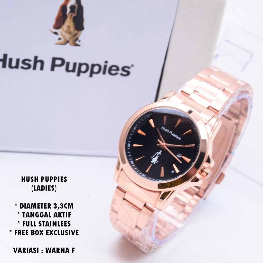 (BISA COD) JAM TANGAN WANITA HUSH PUPPIES H-069 RANTAI BODY BULAT TANGGAL AKTIF