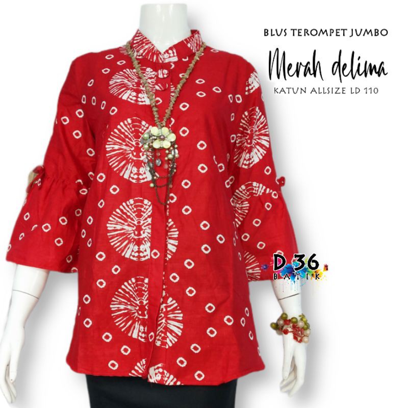 Blouse batik jumbo merah delima pakaian wanita ibu remaja baju batik cewek big size katun super kerja kuliah xxxl sekolah seragam kantor kantoran kasual formal pabrik partai kekinian terompet lonceng-D
