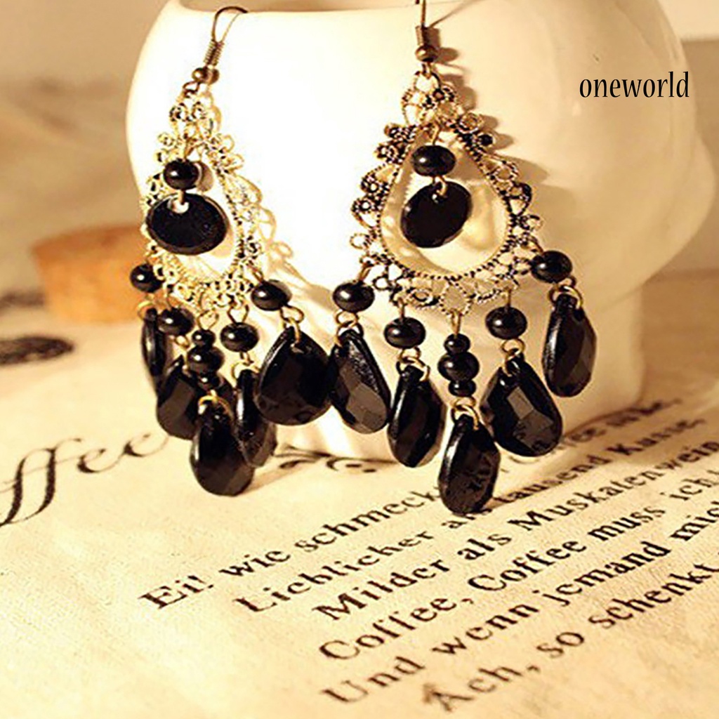 OW@ 1 Pair Hoop Earrings Exquisite Bright Hollow Pendant Water Drop Beads Earrings for Daily Life