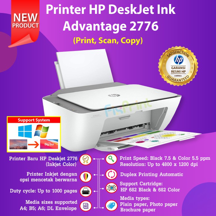 Printer HP Deskjet 2335 2336 2337 All in One Multifungsi Print Scan Copy Pengganti 2135 With Cartridge HP 682 Print Photo Foto Hitam Warna Black Color Optional WiFi Wireless