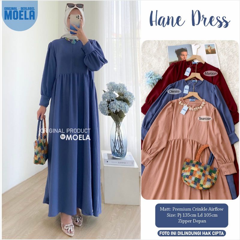 Aura Hane Dress Gamis Jumbo Polos Allsize Busui Premium Crinkle Airflow Original Ori Moela Berlabel-Hane denim