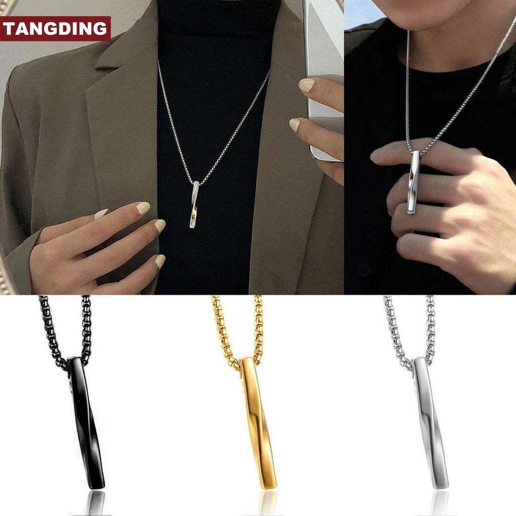 【COD Tangding】Fashion Men Women Punk Spiral Rectangle Pendant Necklace Steel Chain Gold Silver Black Jewelry Gifts