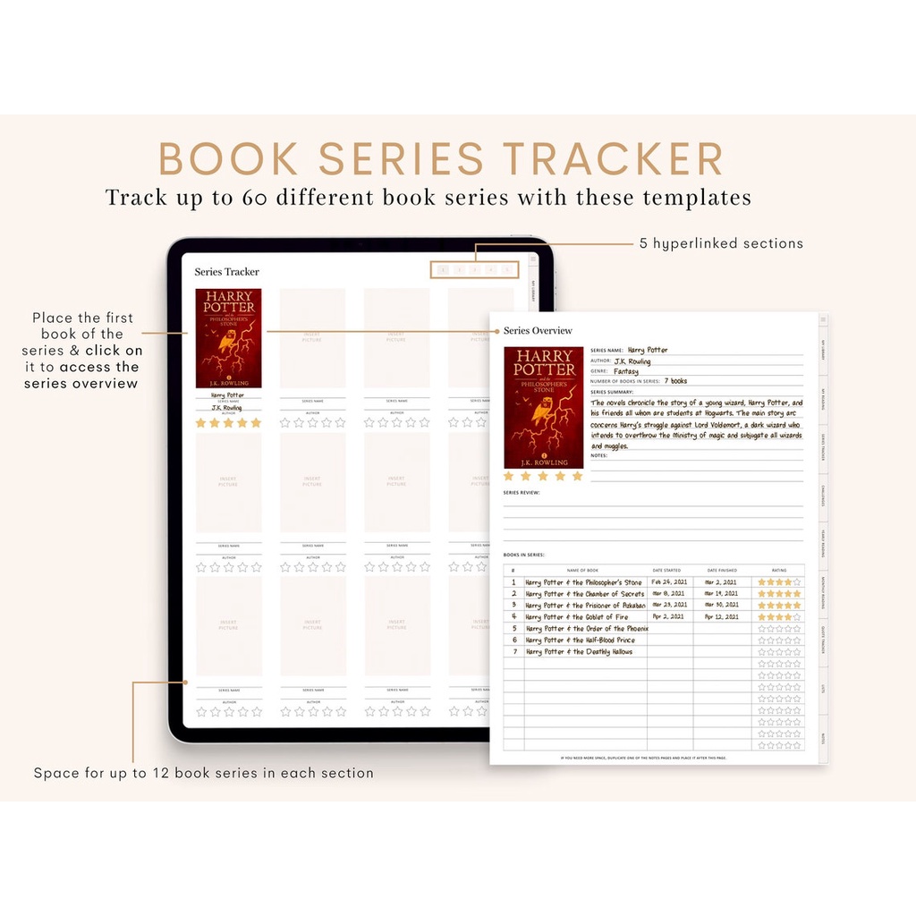 Digital Journal &amp; Planner - Book Reading Review &amp; Tracker (Tab Hyperlinked) for note taking apps like Goodnotes, Notability, Xodo, etc.